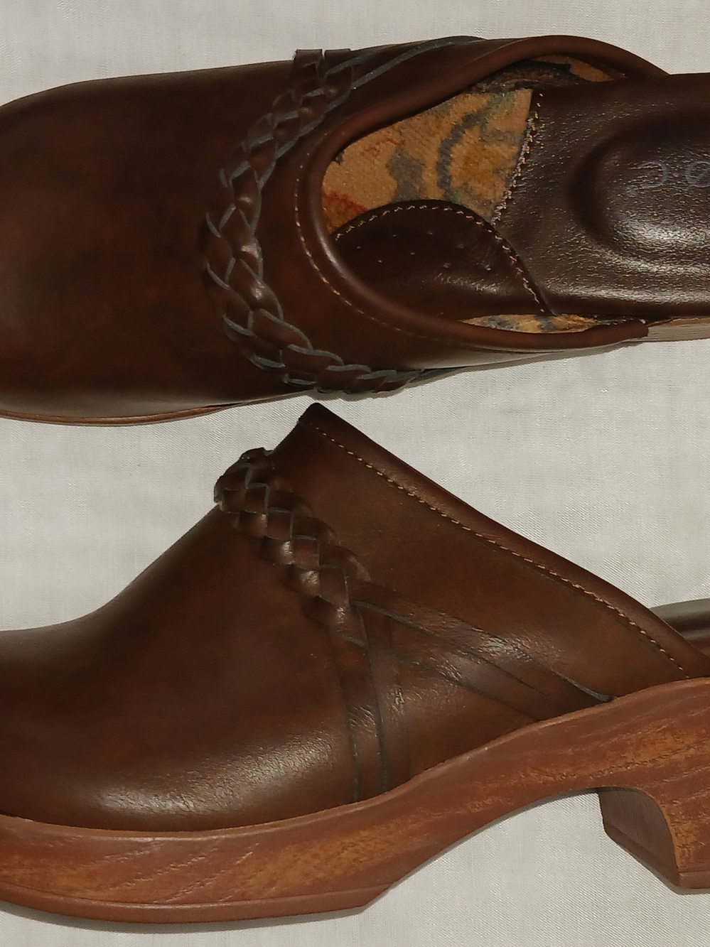 "b.o.c." Brown Braided Leather Mule Clogs, 2" Wood Look Heel Size 8M